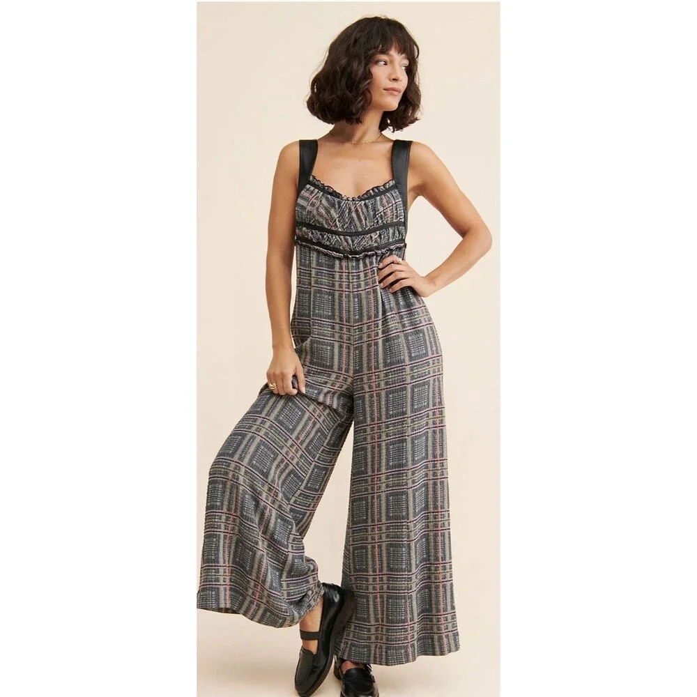 Free People Jumpsuit Marley Gray Plaid Leather Strap Boho Preppy Size XS NWT